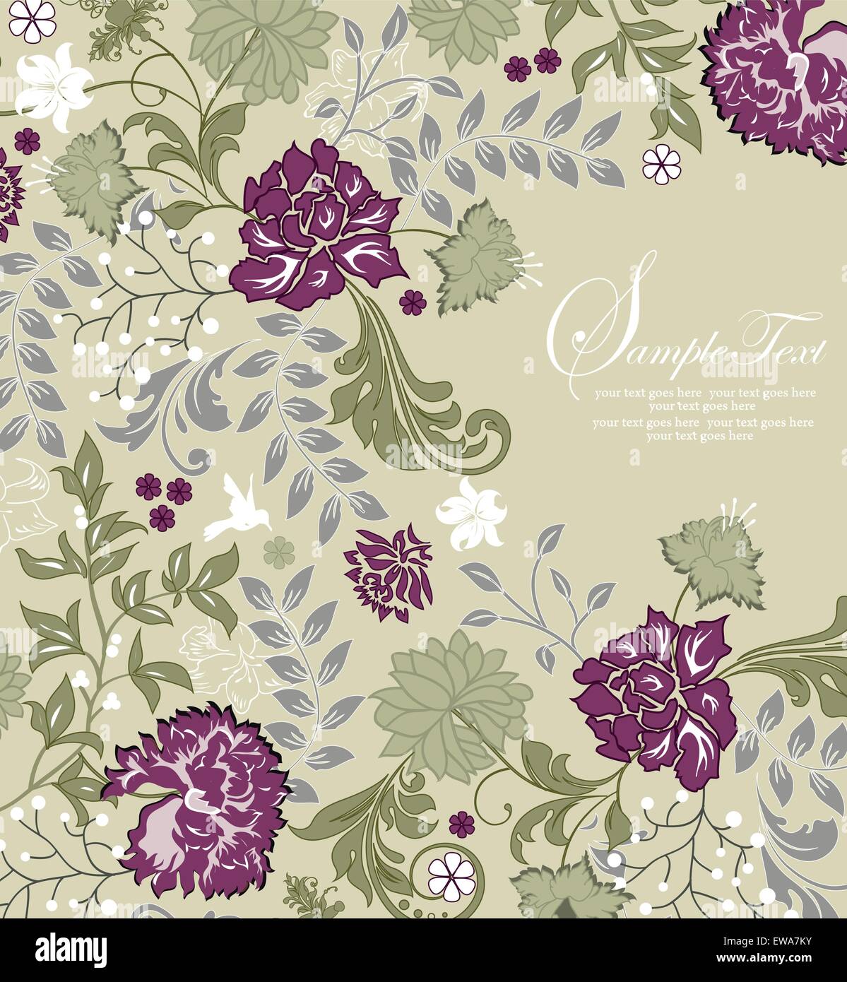 Vintage invitation card with ornate elegant retro abstract floral design, purple and green flowers and leaves on pale green background. Vector illustration. Stock Vector