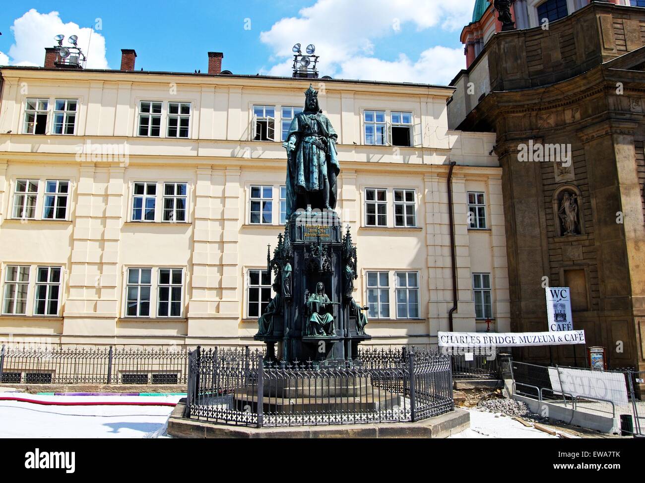 Charles IV statue (Korolo Quarto) by the St. Francis Seraphicus Church (Gothic), Church of the Knights of the Cross, Prague Stock Photo