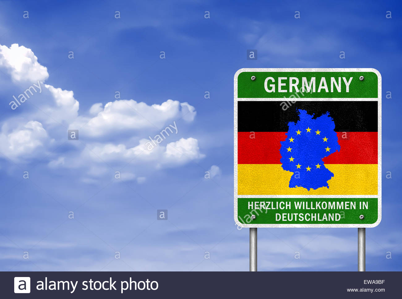 Welcome in Germany - German road sign with the German flag and map