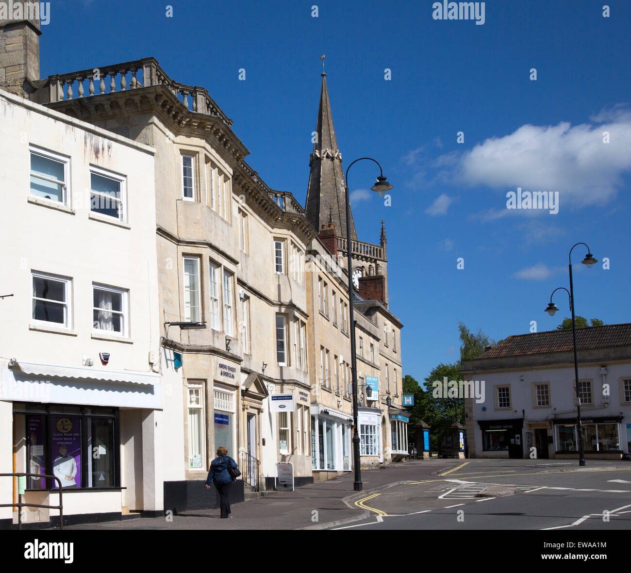 Market place buildings and St Andrew's church spire, Chippenham, Wiltshire, England, UK Stock Photo