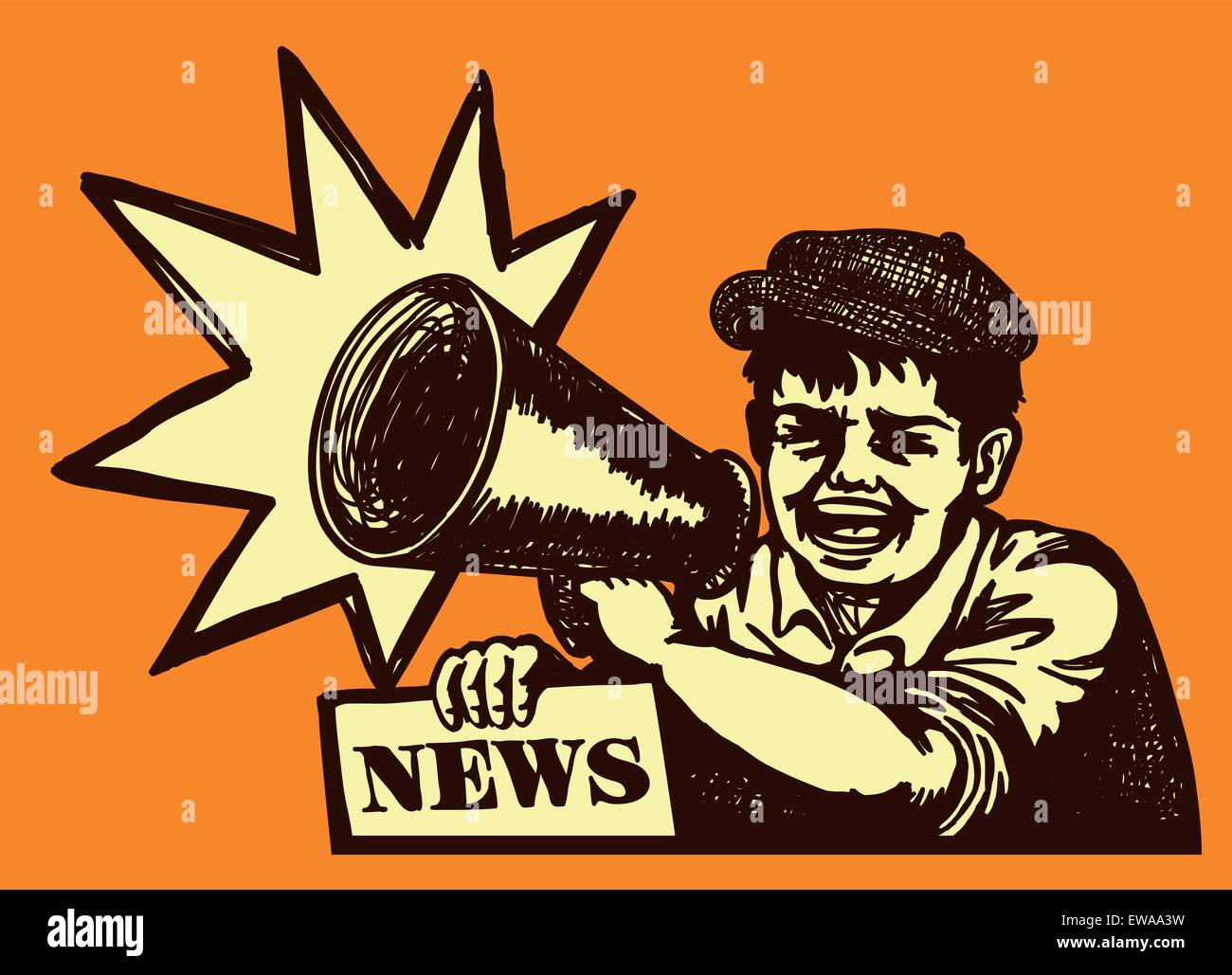 Retro newspaper vendor kid screaming with megaphone, breaking news, bumper edition Stock Vector