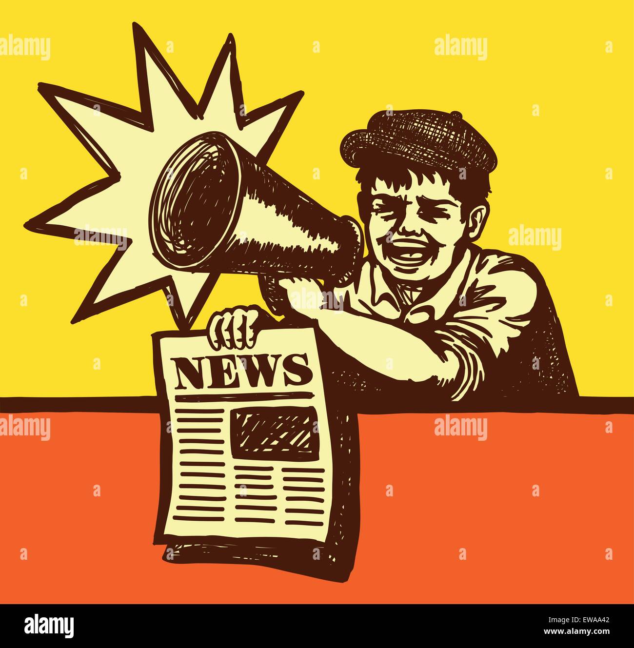 Retro newspaper kid paperboy screaming with megaphone, breaking news, bumper edition Stock Vector
