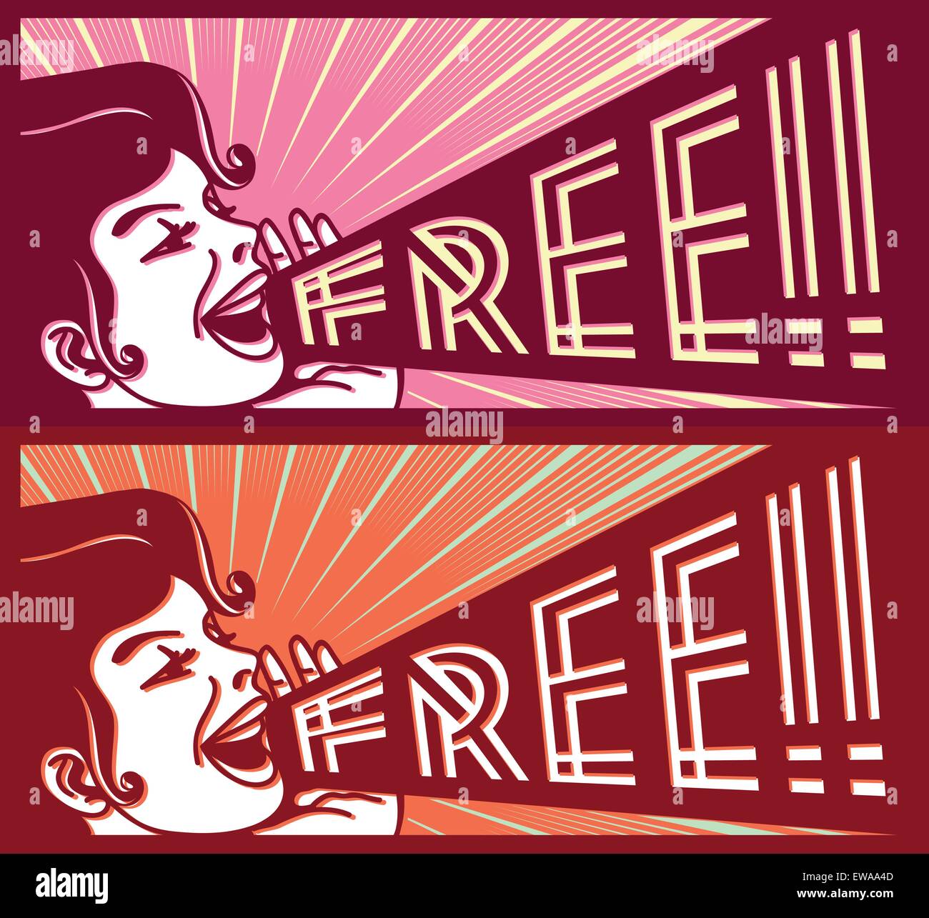 Retro vintage girl screaming out loud with megaphone, advertising