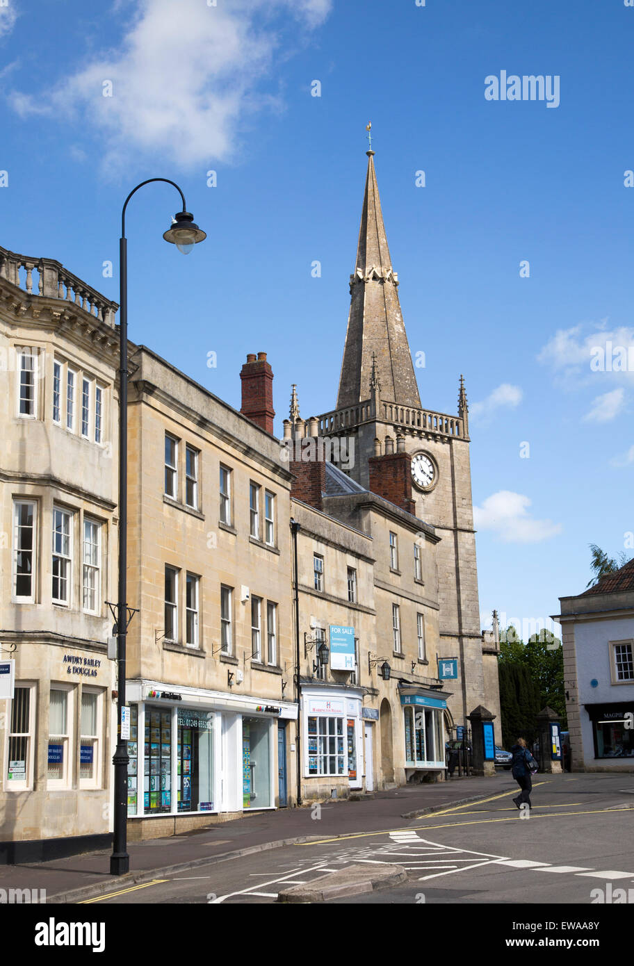 Market place buildings and St Andrew's church spire, Chippenham