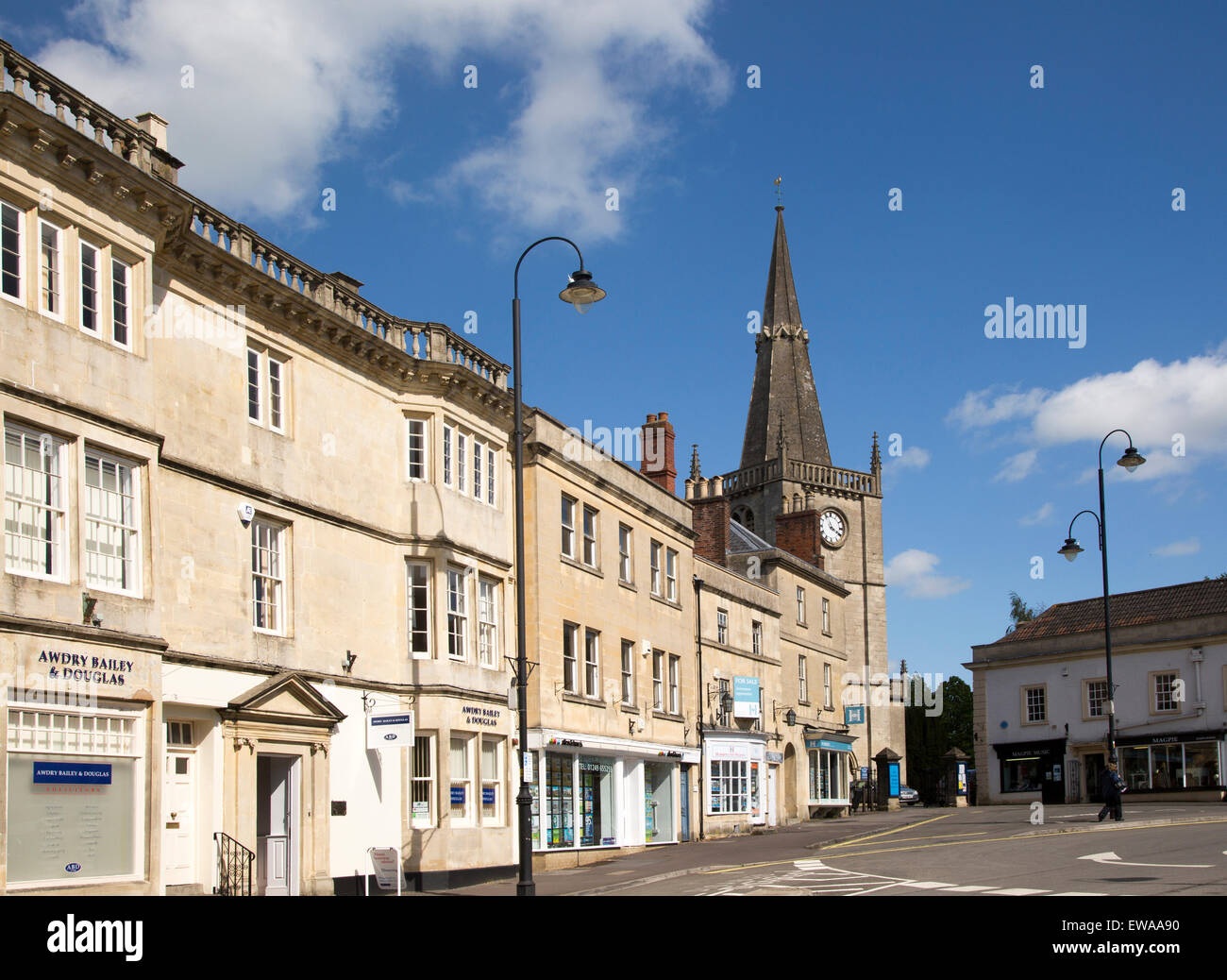 Market place buildings and St Andrew's church spire, Chippenham