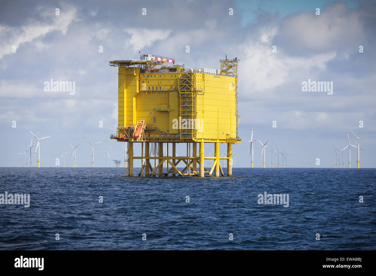 The DolWin Alpha HVAC to HVDC converter platform, located next to the Borkum Riffgrund Offshore Wind Farm in the German Bight. Stock Photo