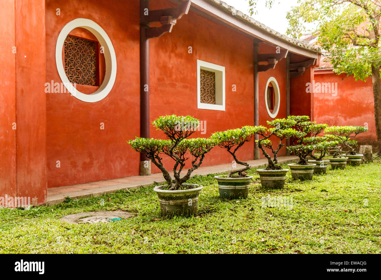 Red wall of traditional Chinese house with bonsai plants Stock Photo