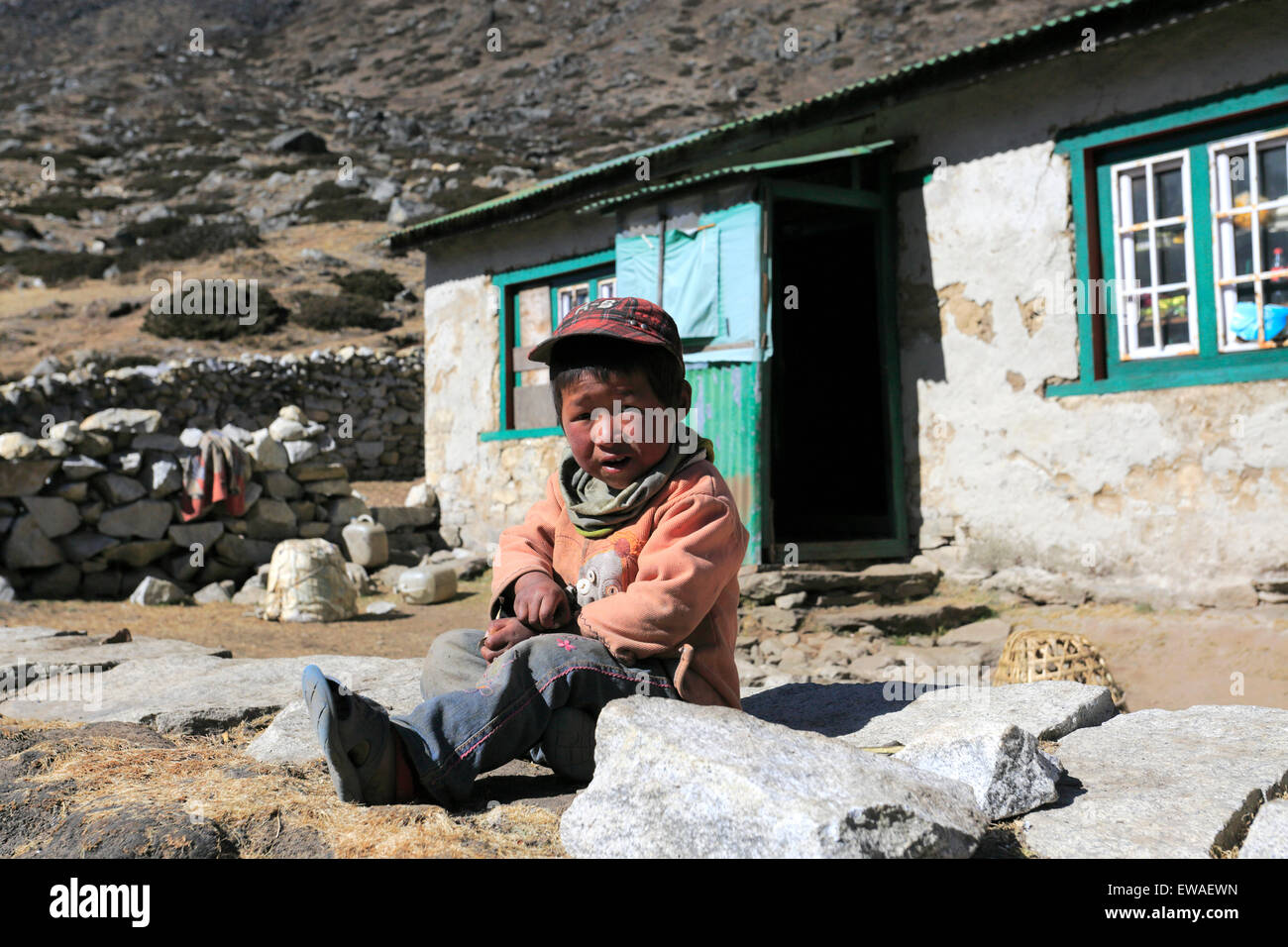 Nepalese Sherpa Child, Pheriche village, Everest base camp trek, UNESCO World Heritage Site, Sagarmatha National Park, Solu-Khum Stock Photo