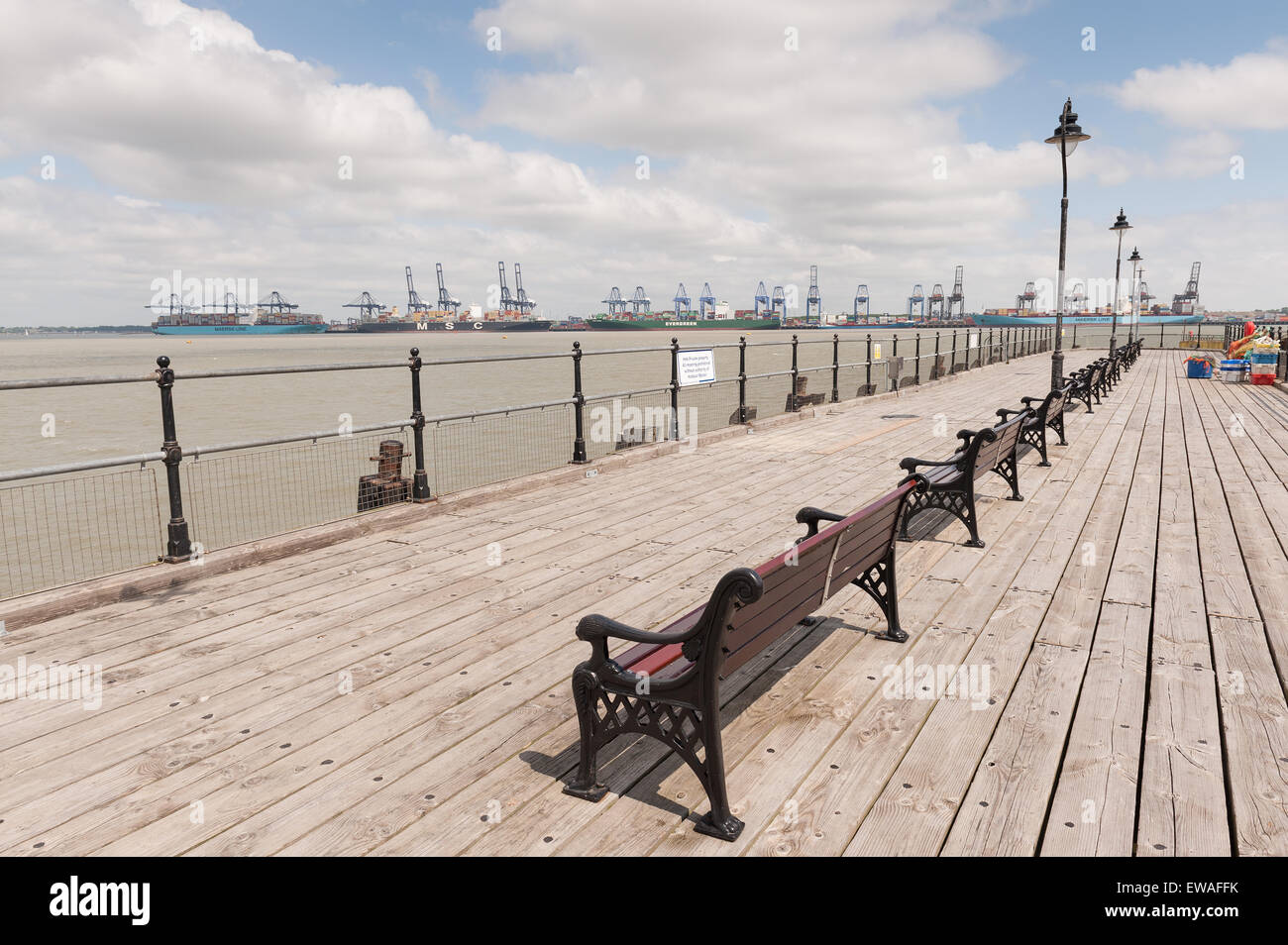 Old Ha'penny pier halfpenny Harwich with Felixstowe port in background Stock Photo