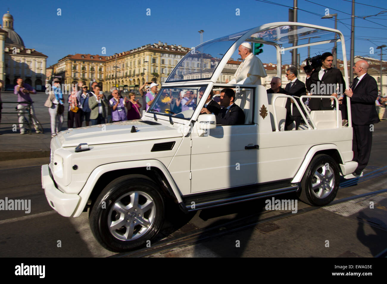 Turin, Italy, 21st June 2015. Pope Francis arrives in Turin on his Popemobile. Stock Photo