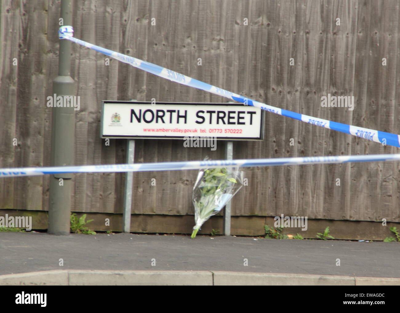 Langley Mill, Derbyshire. 21 June 2015. A floral tribute is left on