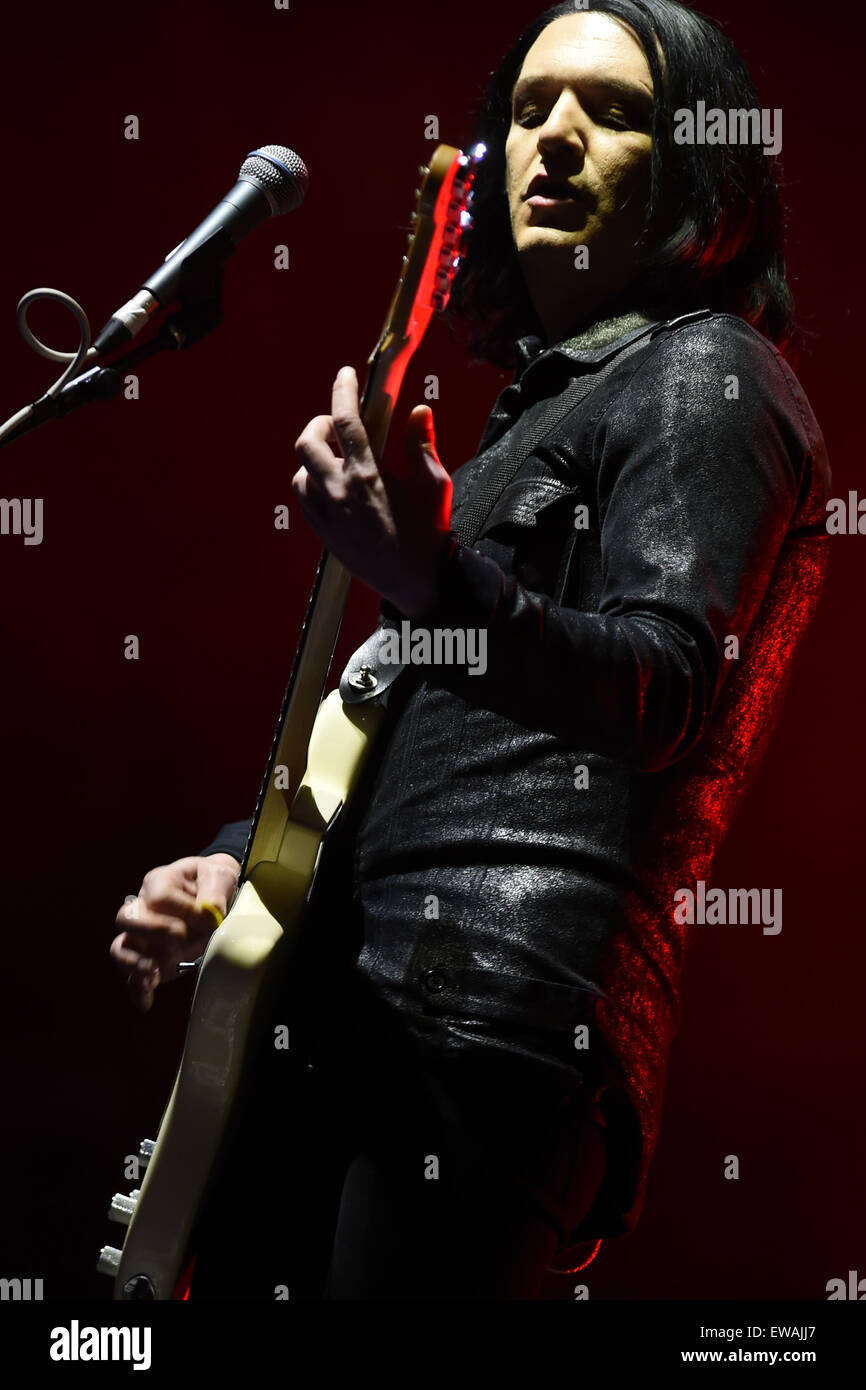 Brian Molko, lead singer of London rock band Placebo plays during 