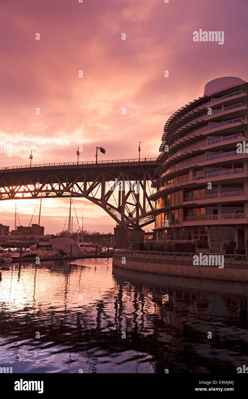 Condominium tower along False Creek near Burrard Street bridge, Vancouver, BC Stock Photo