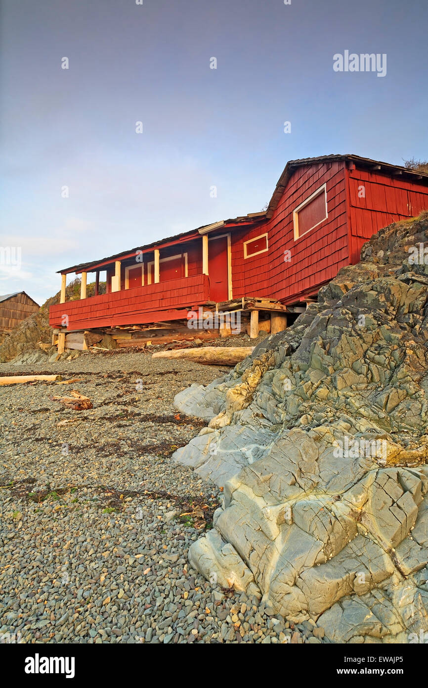 Old fishing cabins on 'Shack Island' near Pipers Lagoon Park, Nanaimo, BC Stock Photo