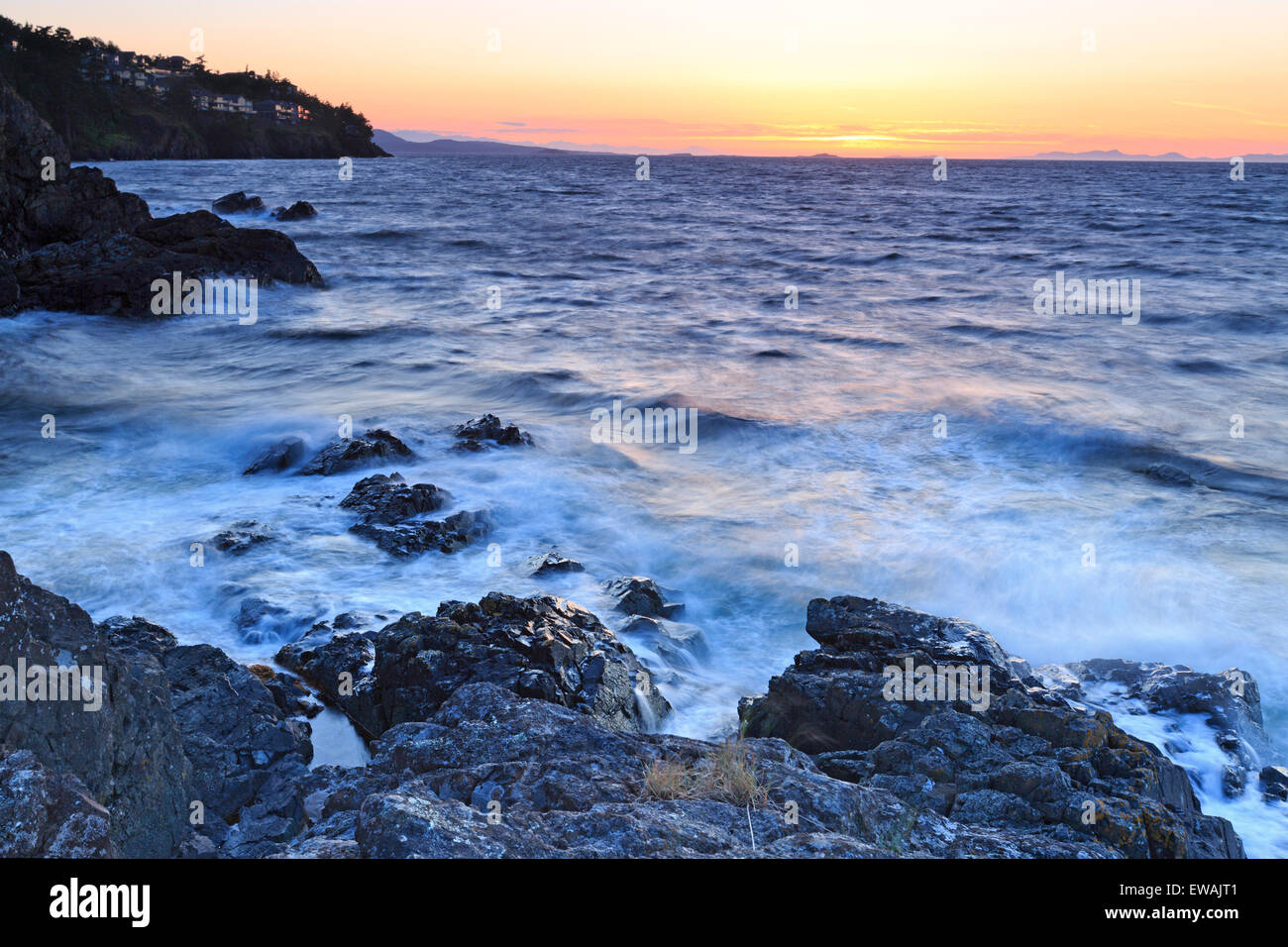 Sunset over Georgia Strait from Neck Point Municipal Park, north Nanaimo, Vancouver Island, British Columbia Stock Photo