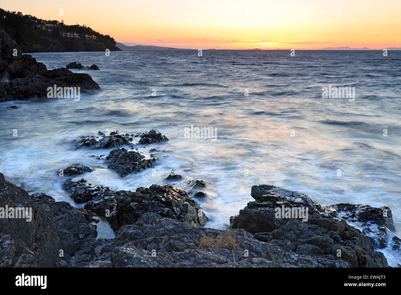Sunset over Georgia Strait from Neck Point Municipal Park, north Nanaimo, Vancouver Island, British Columbia Stock Photo