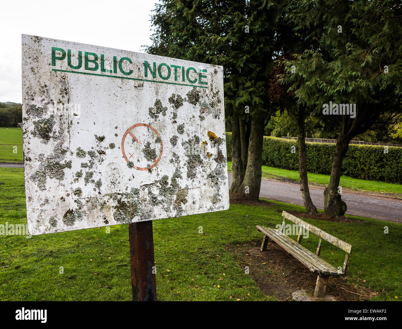 A cryptic notice in a Welsh public park, so old that it has become encrusted with lichen and all the information has faded away Stock Photo
