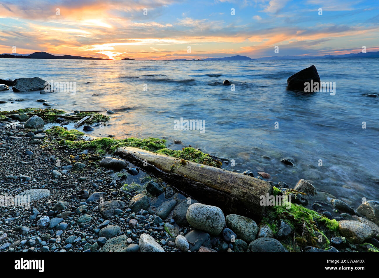 Sunset over Georgia Strait from north of Nanaimo looking towards the Winchelsea Islands, Vancouver Island, British Columbia Stock Photo