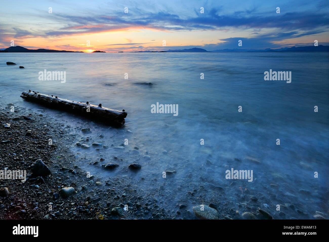 Sunset over Georgia Strait from north of Nanaimo looking towards the Winchelsea Islands, Vancouver Island, British Columbia Stock Photo