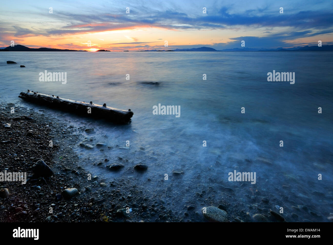 Sunset over Georgia Strait from north of Nanaimo looking towards the Winchelsea Islands, Vancouver Island, British Columbia Stock Photo