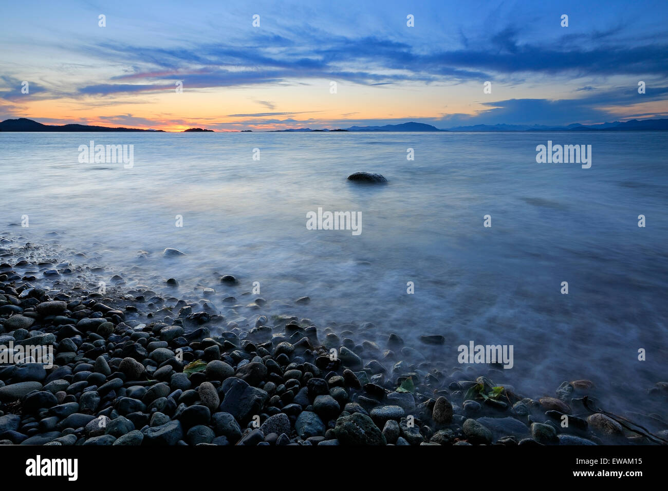 Sunset over Georgia Strait from north of Nanaimo looking towards the Winchelsea Islands, Vancouver Island, British Columbia Stock Photo