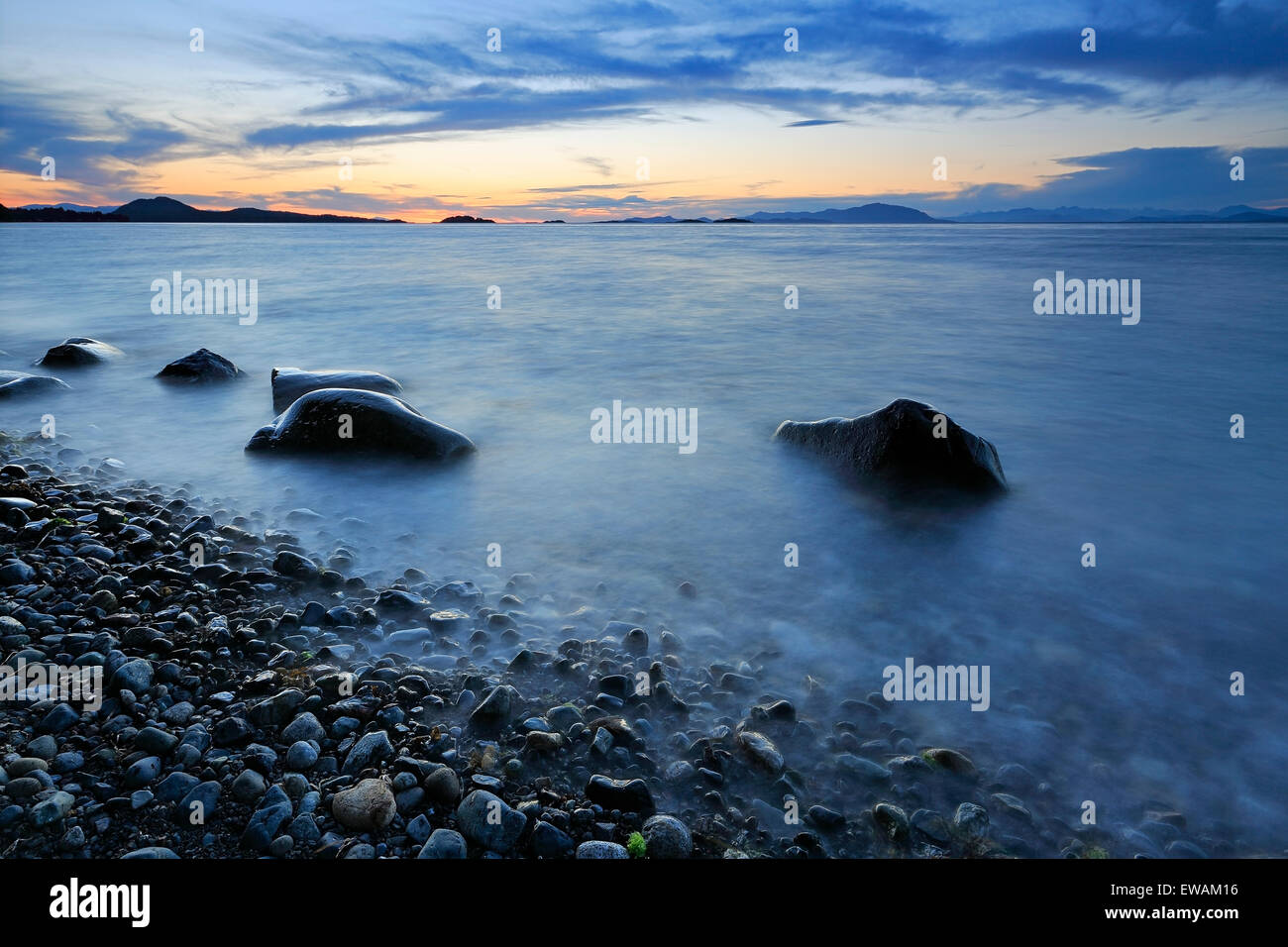 Sunset over Georgia Strait from north of Nanaimo looking towards the Winchelsea Islands, Vancouver Island, British Columbia Stock Photo