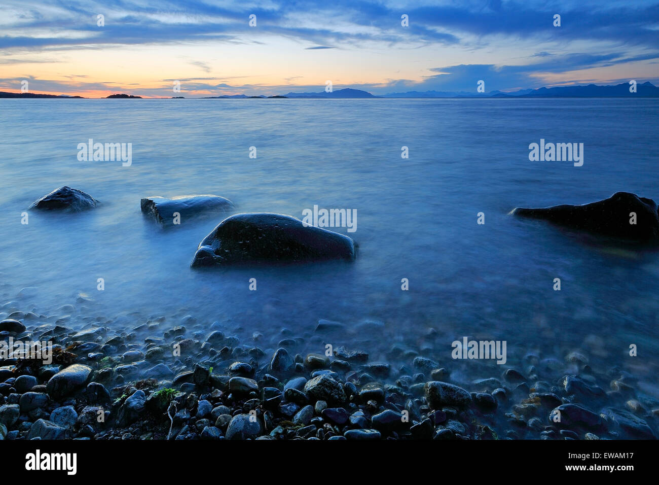 Sunset over Georgia Strait from north of Nanaimo looking towards the Winchelsea Islands, Vancouver Island, British Columbia Stock Photo