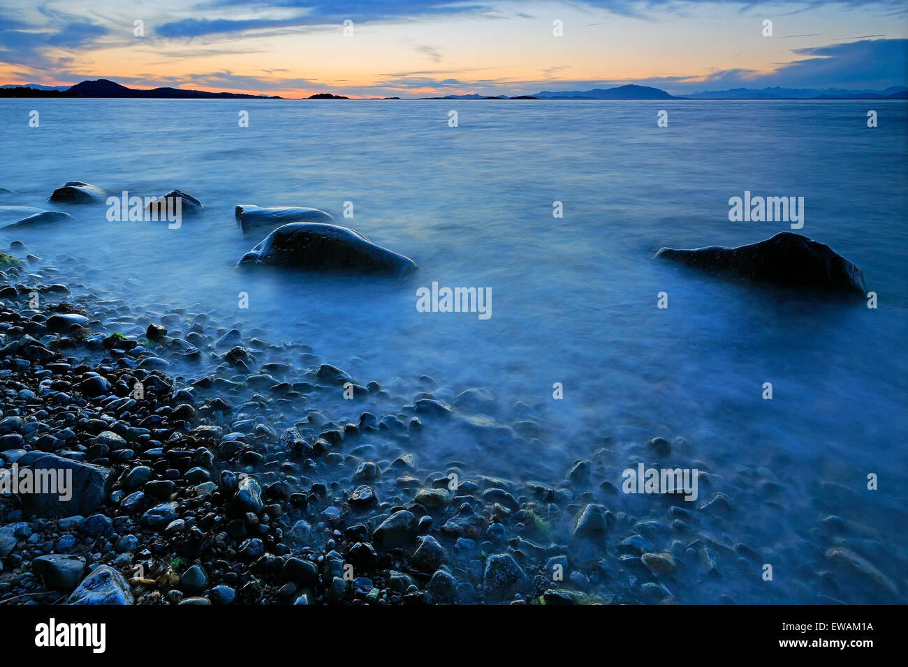 Sunset over Georgia Strait from north of Nanaimo looking towards the Winchelsea Islands, Vancouver Island, British Columbia Stock Photo