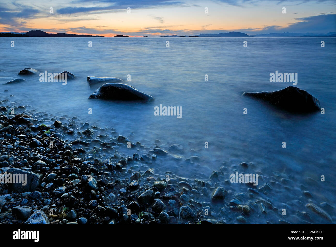 Sunset over Georgia Strait from north of Nanaimo looking towards the Winchelsea Islands, Vancouver Island, British Columbia Stock Photo