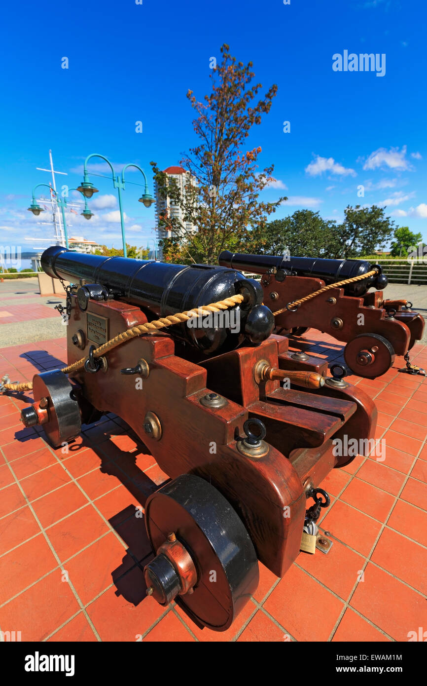Two 6lb cannons in Pioneer Plaza next to the historic Bastion, Nanaimo, Vancouver Island, British Columbia Stock Photo
