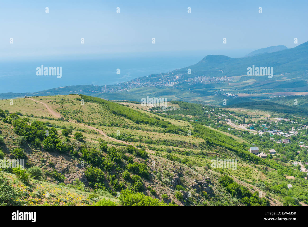 View on a Black Sea shore near Alushta city from Crimean mountains Stock Photo