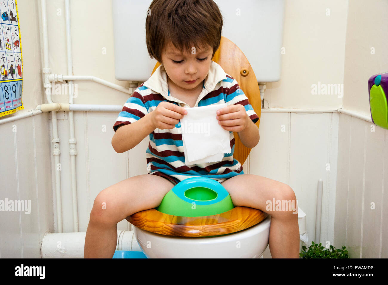 3 to 5 year old Caucasian boy sitting on toilet seat 