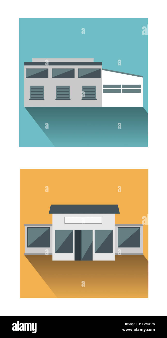 Flat icons of Distribution and Retail buildings. Stock Photo