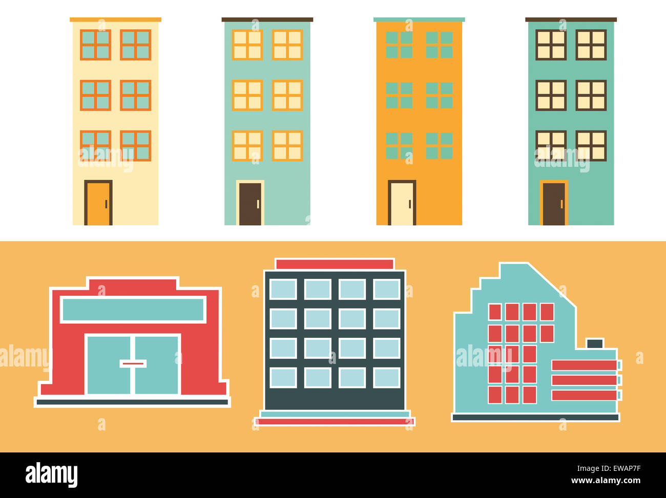 Flat icons of Residential and Office buildings. Stock Photo
