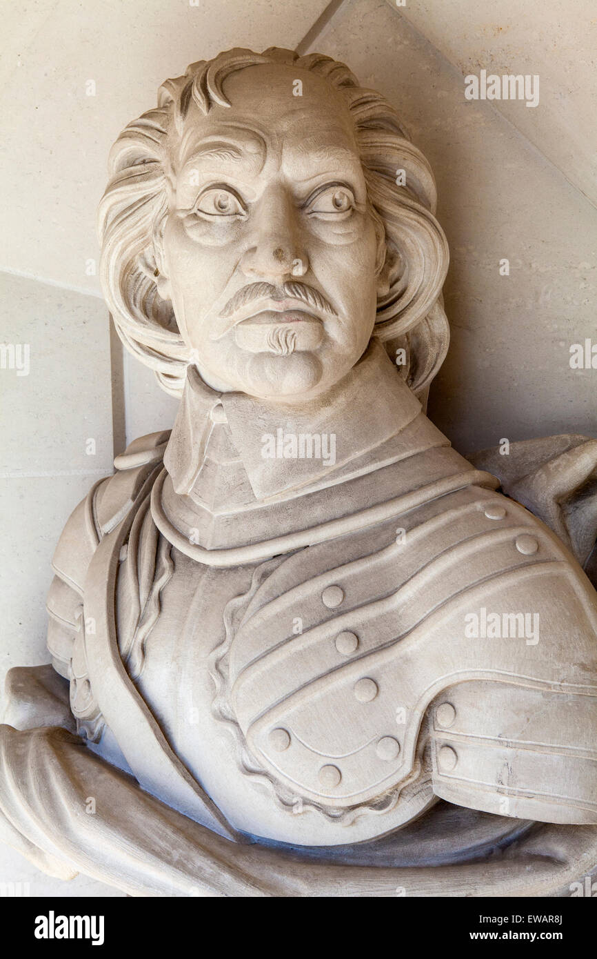 A sculpture of famous Englishman Oliver Cromwell situated outside