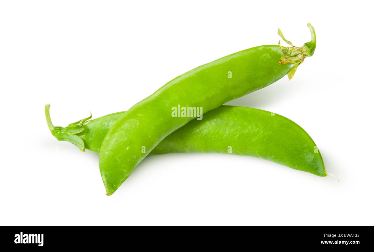Two of fresh green peas sugar in the pods isolated on white background Stock Photo