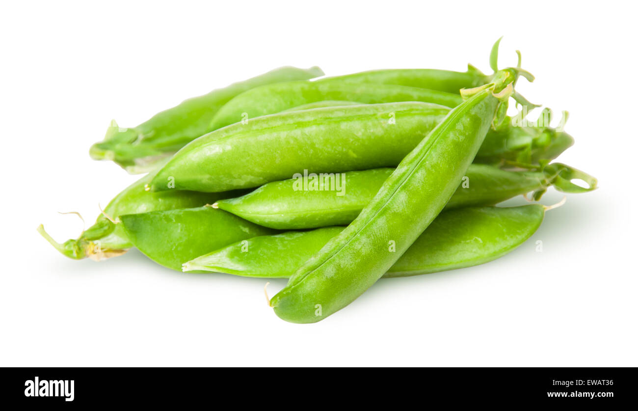 Pile of fresh green peas sugar in the pods isolated on white background Stock Photo
