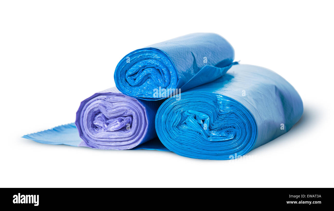 Three rolls of plastic garbage bags rotated isolated on white ...