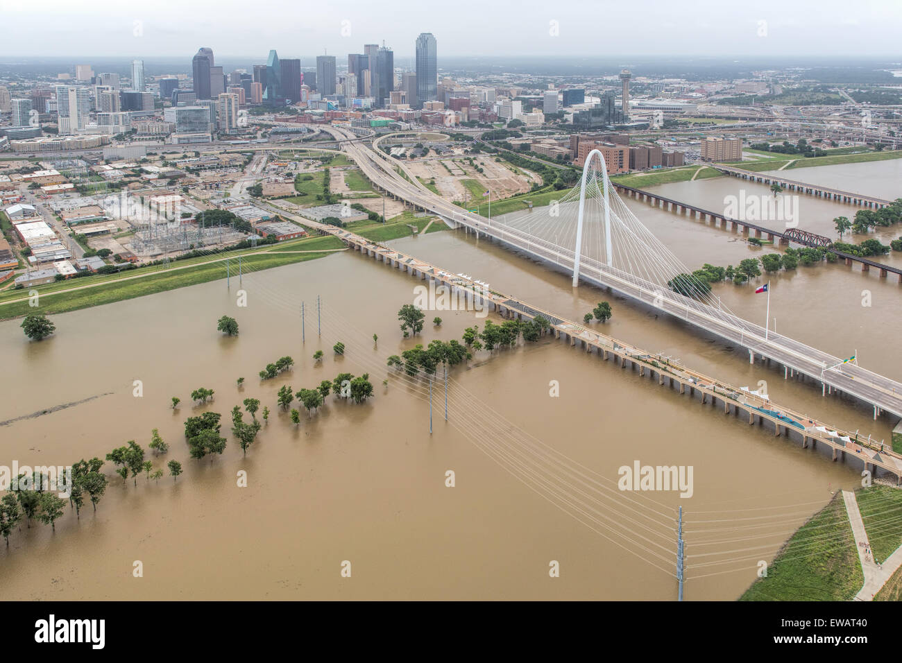 Texas Trinity River flooding in front of downtown Dallas June 20, 2015. Stock Photo