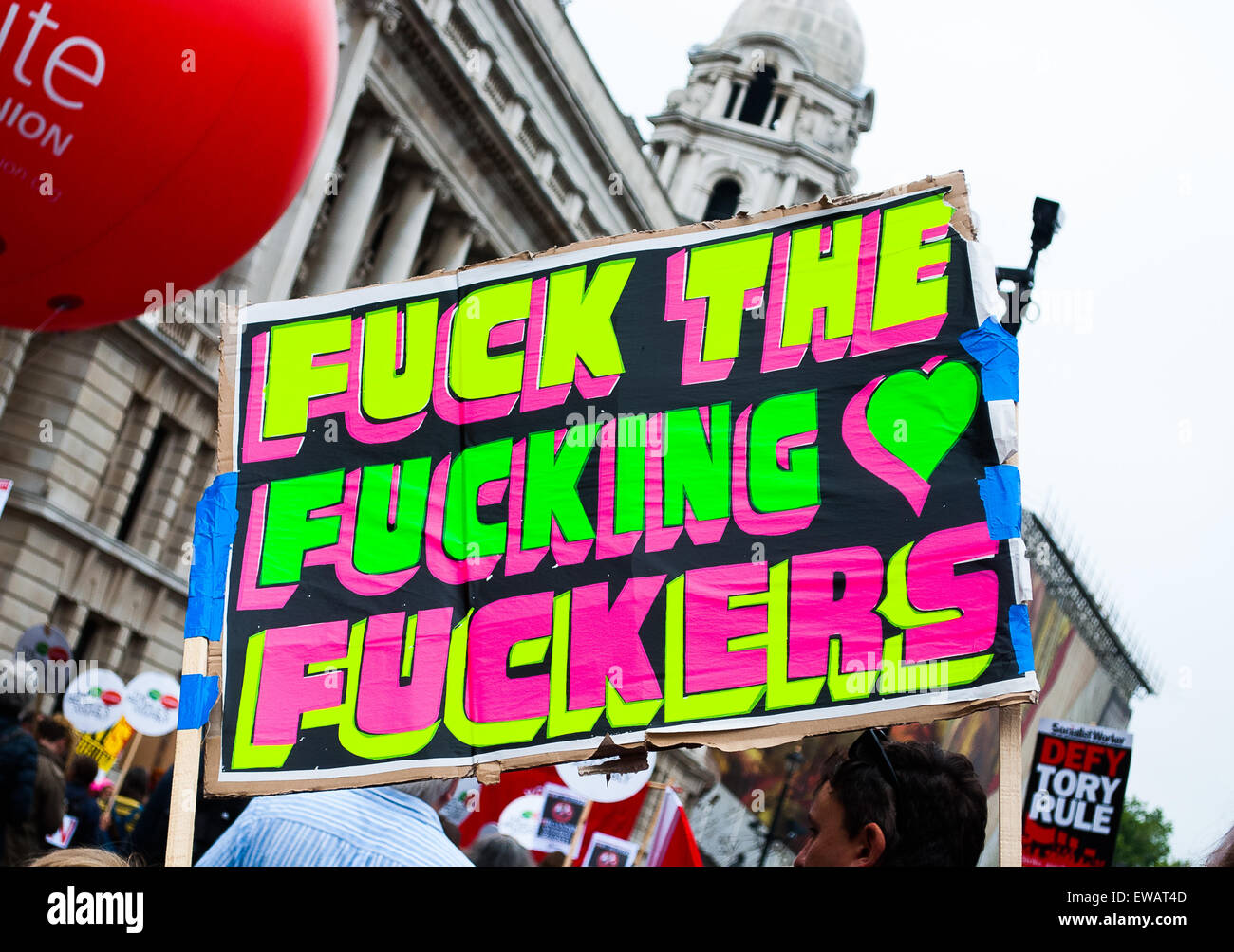 A angry protest sign captured during the Anti-Austerity protest in London. Stock Photo