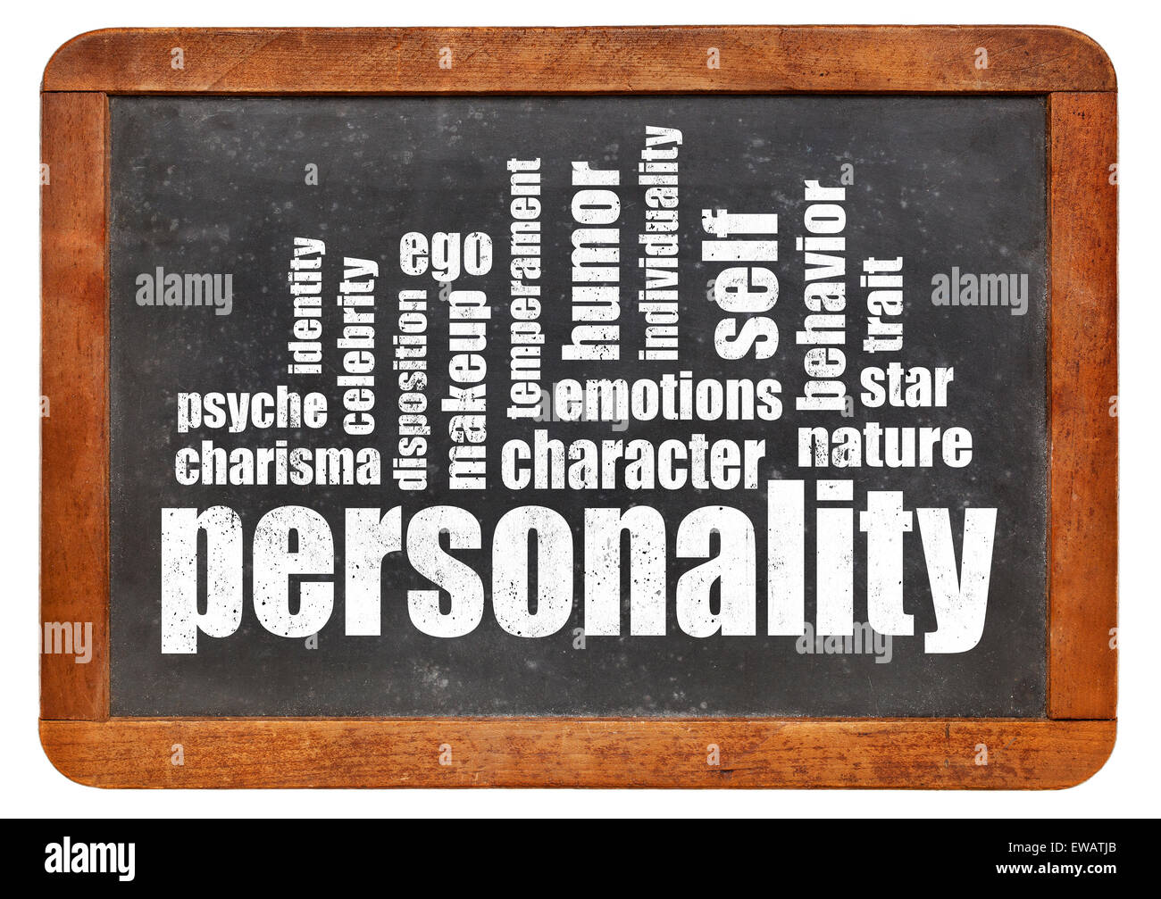 personality word cloud on an isolated vintage blackboard Stock Photo