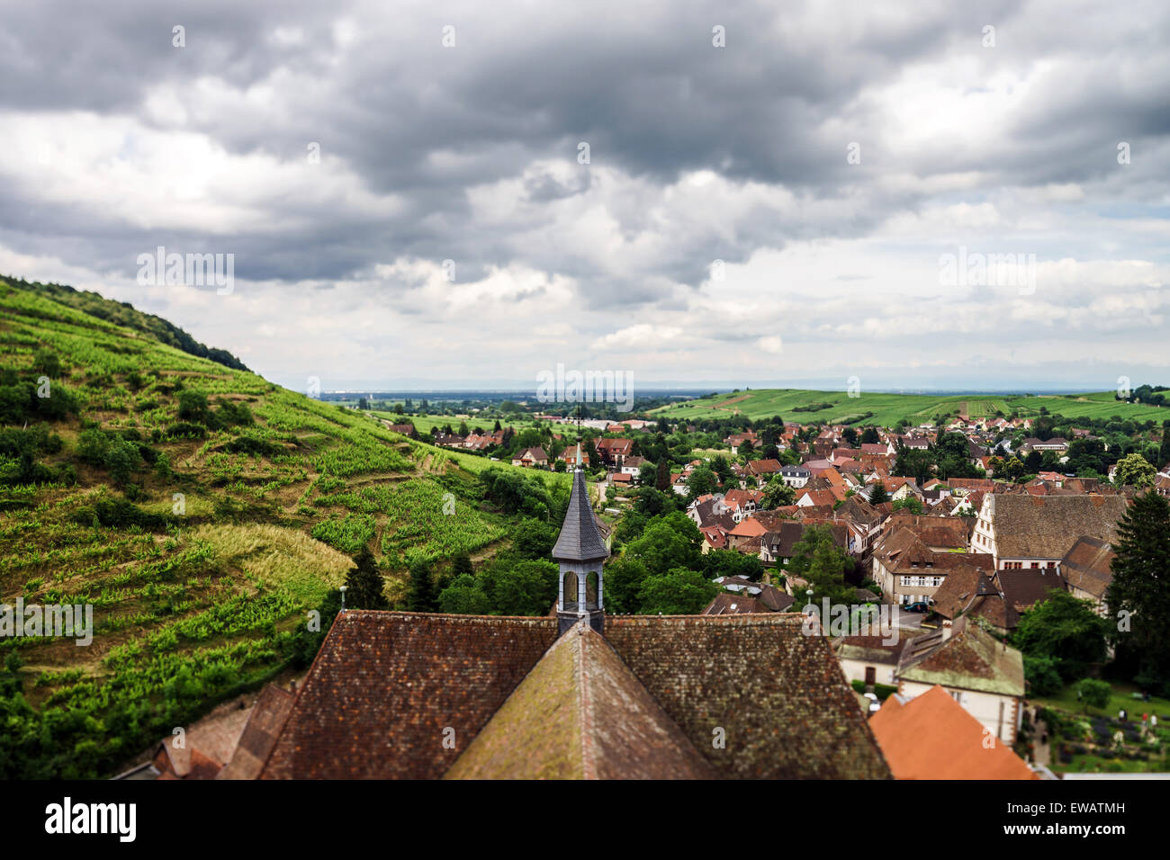 Wide panoramic bird-fly view. Alsace hills. France. Agriculture and ...