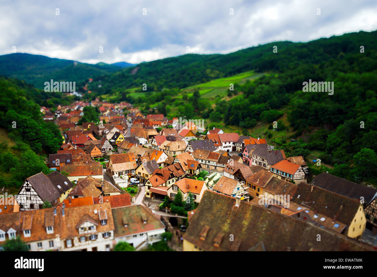 Wide panoramic bird-fly view. Alsace hills. France. Agriculture and ...