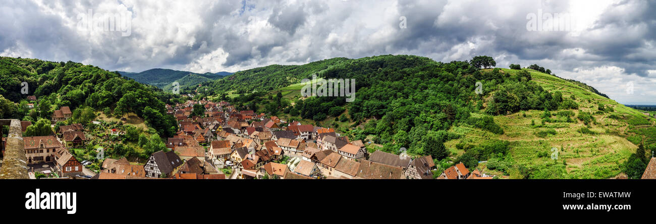 Wide panoramic bird-fly view. Alsace hills. France. Agriculture and ...