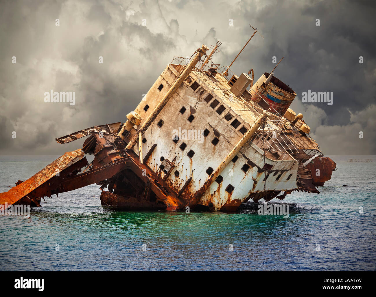 The sunken shipwreck on the reef, Red Sea in Egypt. Stock Photo