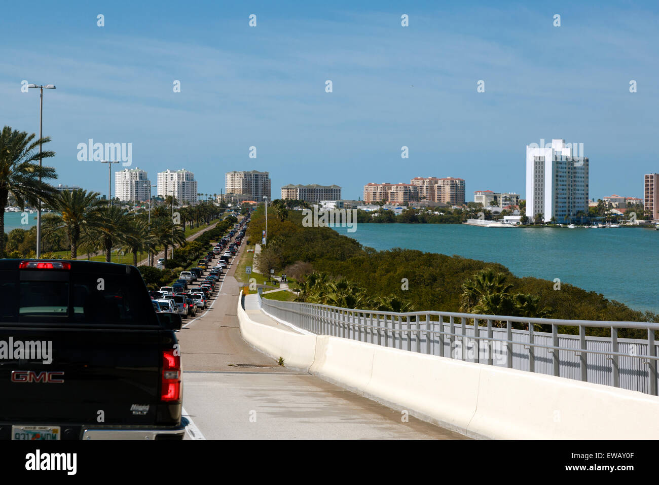 Heavy traffic along the Clearwater Memorial Causeway to Clearwater Beach Florida USA Stock Photo