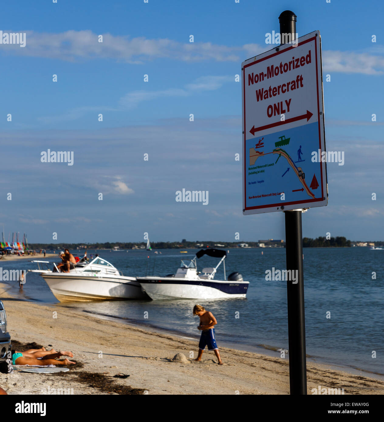 Motor boat owners ignoring Non-motorized watercraft only sign Stock Photo