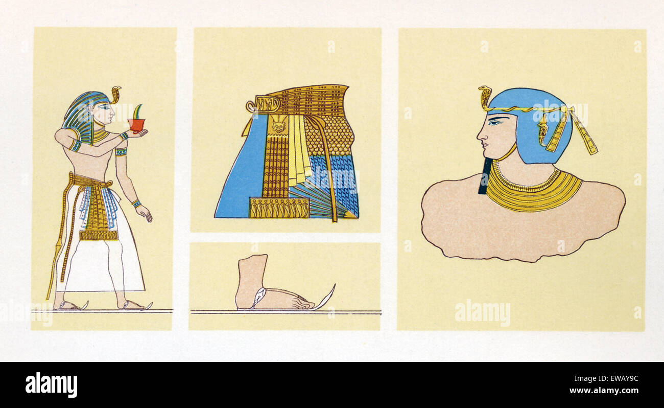 These painted wall fragments were found in Egypt in Saqqara in the tombs of Fifth Dynasty (2494-2345 B.C.) rulers. Among the best known rulers of the Fifth Dynasty are Userkaf and Unas. The figure at left is making an offering. In the middle are close-ups of a skirt-type garment and a sandal. At right is the bust of a ruler, with the king-beard and the uraeus crown. Note, too, his royal collar. Stock Photo