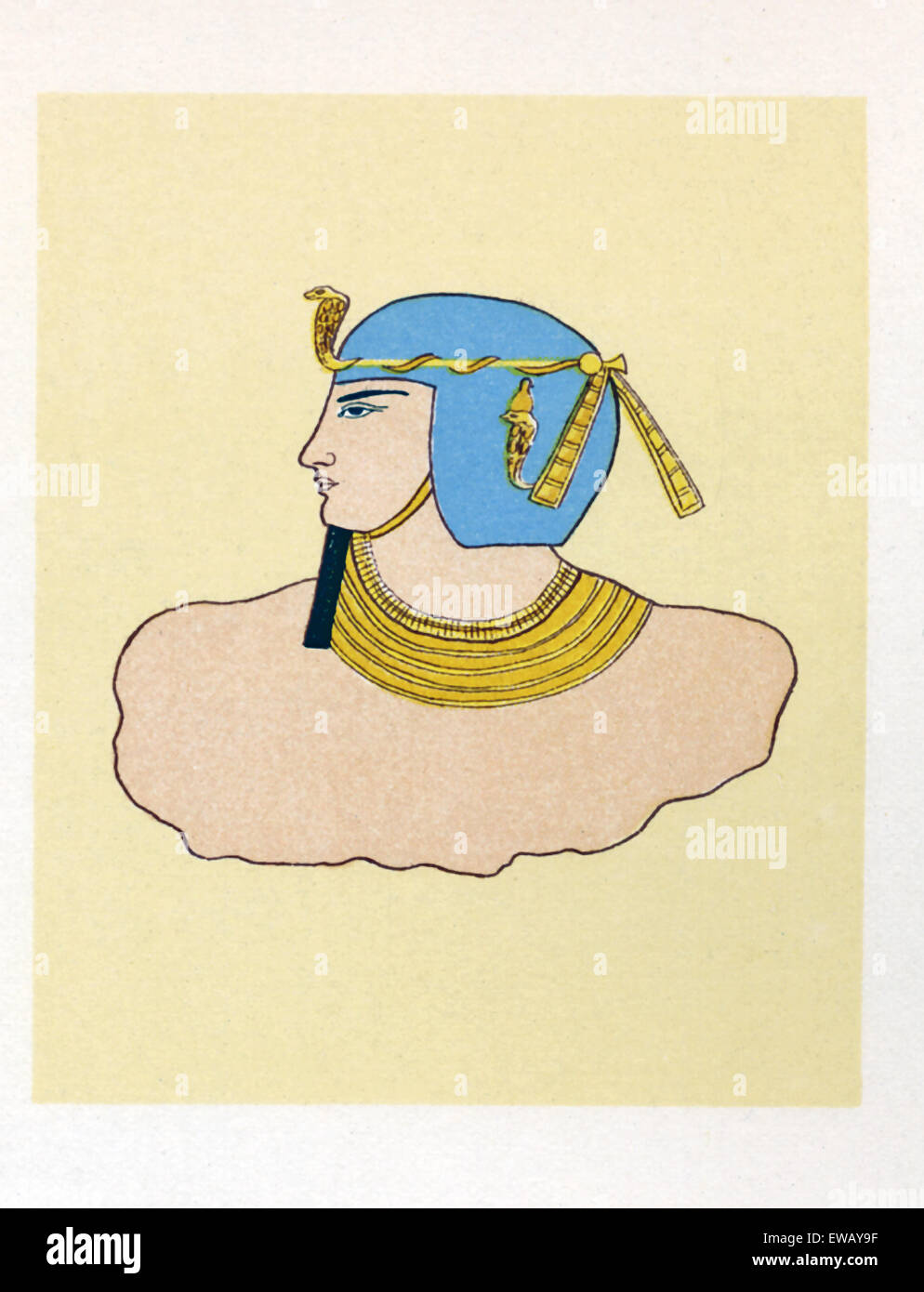 These painted wall fragments were found in Egypt in Saqqara in the tombs of Fifth Dynasty (2494-2345 B.C.) rulers. Among the best known rulers of the Fifth Dynasty are Userkaf and Unas. The figure at left is making an offering. In the middle are close-ups of a skirt-type garment and a sandal. At right is the bust of a ruler, with the king-beard and the uraeus crown. Note, too, his royal collar. Stock Photo