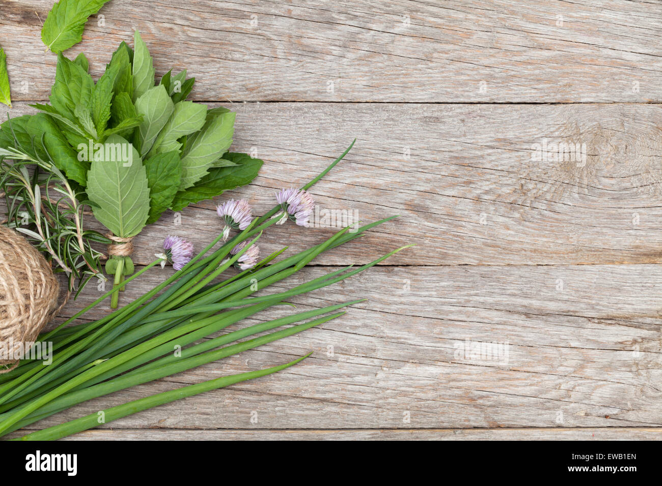 Fresh herbs on garden table. Top view with copy space Stock Photo Alamy